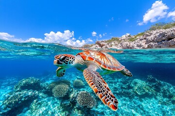 Obraz premium Swimming close to the surface in the crystal-clear blue ocean, the Hawksbill Turtle showcases delightful marine life behavior, emphasizing the need for sea turtle conservation.