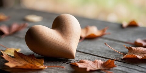 Autumnal Wooden Heart on Rustic Wood with Fallen Leaves.