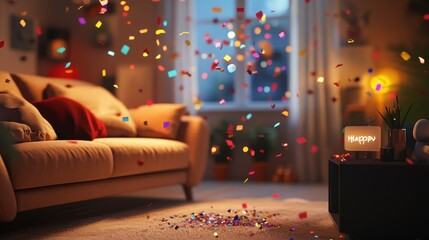 Cozy living room with confetti falling, celebrating happiness.