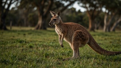 Kangaroo hopping through a grassy field.