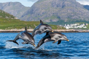 Obraz premium Dolphins joyfully swim in the clear ocean waters, symbolizing marine wildlife conservation for World Whale and Dolphin Day.