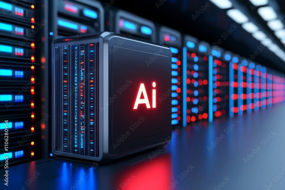 Poster within a dynamic data center featuring a central ai sign, showcasing how stock improves data process