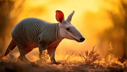 Fototapeta premium Aardvark walking in a warm, golden light with a soft-focus background.
