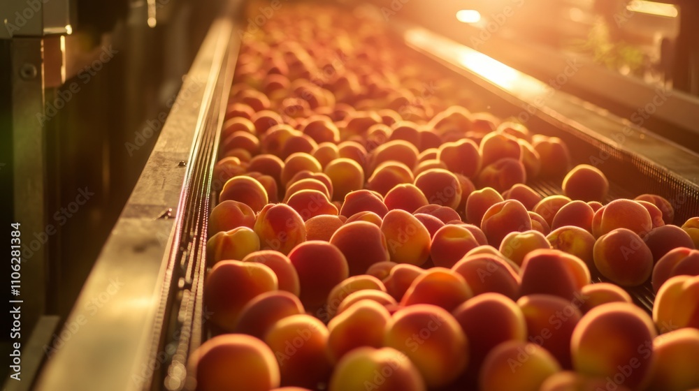 Fototapete Ripe peaches are lined up on a conveyor belt in a processing facility, illuminated by warm light. The efficient setup showcases the journey of fruit from harvest to juice making.
