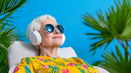 In a summer garden, a joyful elderly woman with sunglasses and earphones listens to music, symbolizing retirement and the elderly.