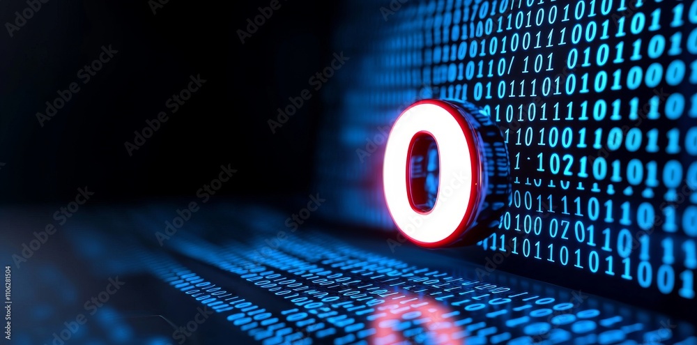Poster a technology-themed concept with a blue backdrop of binary code, enhanced by glowing lights and flow