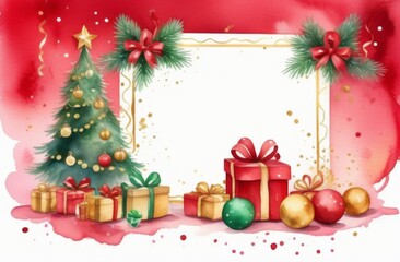 New Year card with gifts, Christmas tree, New Year hats, deer with place for text