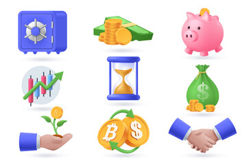 Collection of 3D objects investments and finances. Set of business and finance icons isolated on white - safe, piggy bank, handshake, currency exchange, stack of money, etc. Vector illustration