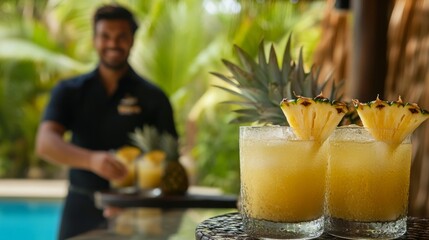 A skilled bartender stands by a vibrant pool, crafting fresh pineapple juice. Two glasses filled with the golden drink sit on a table, garnished with pineapple slices, evoking a tropical paradise.