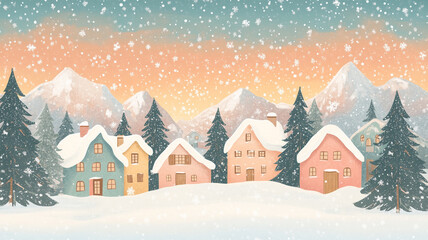 夕暮れの雪山村イラスト