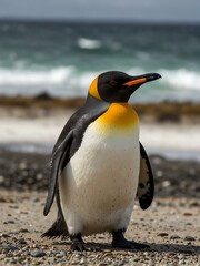 King penguin on a beach in the Falkland Islands.