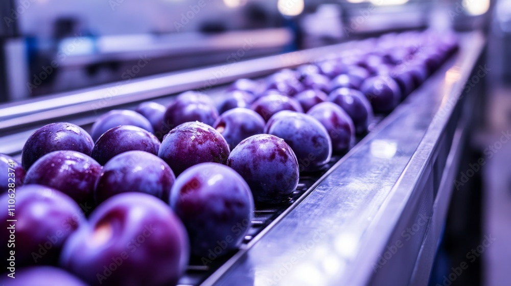 Poster plums are carefully arranged on a conveyor belt in a juice production facility. workers monitor the 