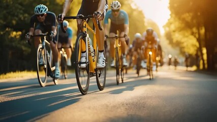 Thrilling road cycling race at sunset capturing speed and motion