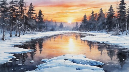 Fototapeta premium Serene winter dawn at a frozen river surrounded by snow-covered trees