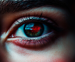 Close-up of human eye with futuristic digital interface reflection