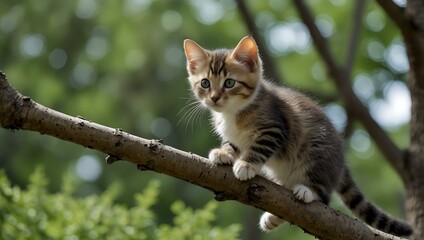 Kitten climbing tree branches.