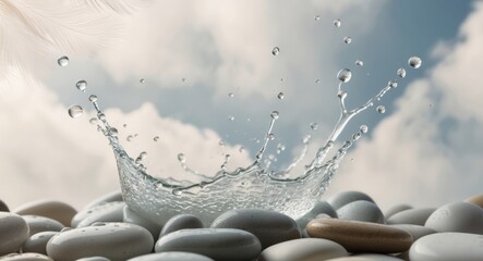 Water Splashing on Smooth Pebbles with a Cloudy Sky Background.
