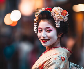 Traditional geisha smiling in vibrant kimono during evening festival