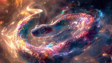 Colorful snake swirling in vibrant cosmic fire.