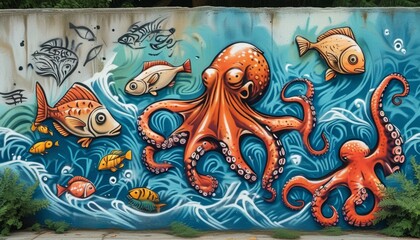 Obraz premium A vibrant mural depicts an orange octopus surrounded by various colorful fish, shells, and ocean waves, creating a lively underwater scene on a wall.