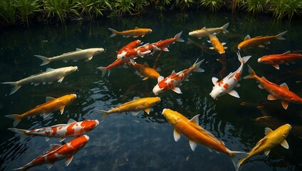 Koi fish feeding in a pond.