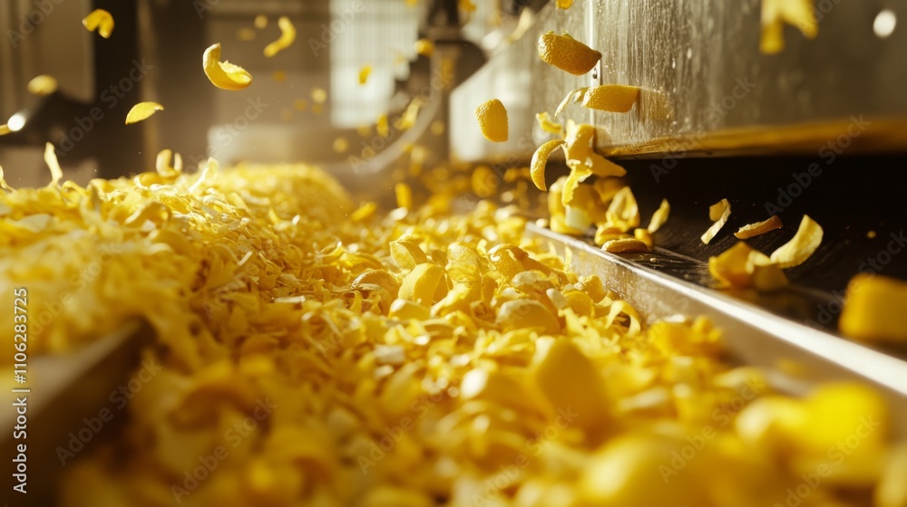 Aufkleber citrus peels cascade down a conveyor belt in a busy juice production area, revealing the colorful by