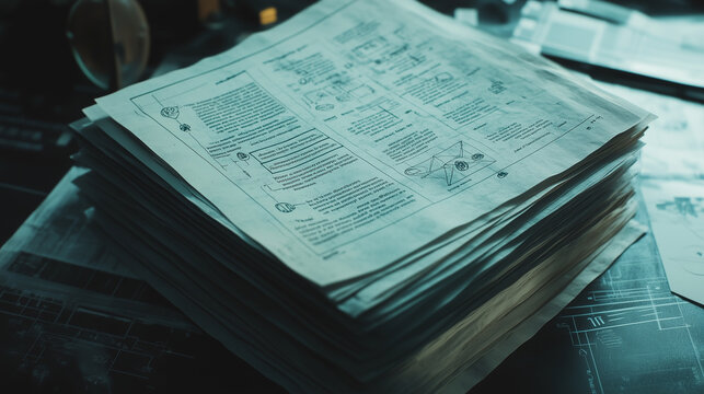 A stack of classified documents with blacked-out text, surrounded by cryptic symbols and diagrams