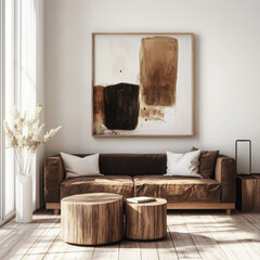 Modern minimalist living room with a brown sofa, wooden accents, large abstract art, and natural light for warmth and elegance.