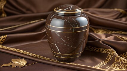 Brown marble urn on a table with elegant gold patterns in a stylish interior