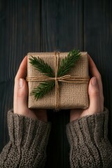 Gift wrapped with natural decorations held in warm hands