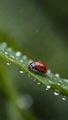 Fototapeta premium Ladybug perched on a dewy leaf.