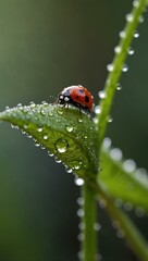 Fototapeta premium Ladybug perched on a dewy leaf.