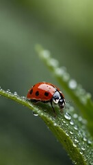 Naklejka premium Ladybug perched on a dewy leaf.