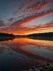 Lake at sunrise with vibrant colors.