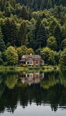 Fototapeta premium Lake houses hidden behind dense trees.