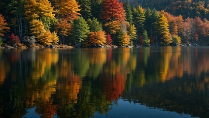 Lake landscape with colorful autumn foliage.