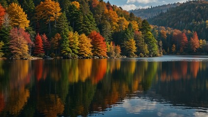 Lake landscape with colorful autumn foliage.