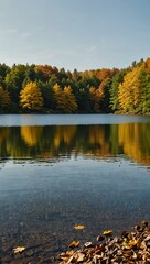 Obraz premium Lake scene with yellow, green, and brown autumn leaves.