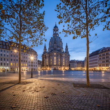Dresden Neumarkt square at night, Saxony, Germany