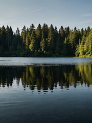Obraz premium Lake with an island reflecting the surrounding forest.