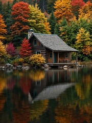 Fototapeta premium Lakeside cabin amidst vibrant autumn foliage.