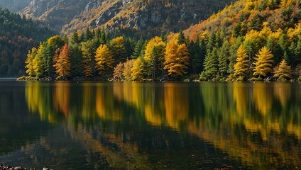 Lakeside in autumn colors with yellow and green leaves.