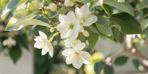 Obraz premium Avocado tree blossoms with sunlit leaves and flowers in a tranquil garden setting.