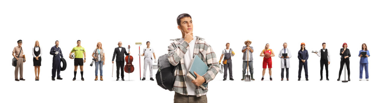 Male student thinking in front of people with different jobs, making a choice for future profession