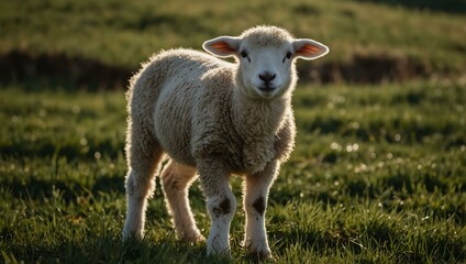 Fototapeta premium Lamb standing in a grassy field.