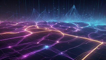 Abstract digital network landscape with glowing interconnected lines and data points forming a futuristic terrain. Created in a 3D render style with a vibrant purple, blue