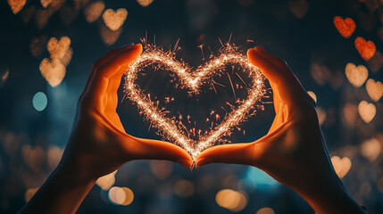 Romantic scene of hands creating a heart with flare light.