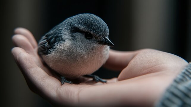 Cute robin perched gently on a human hand in soft light