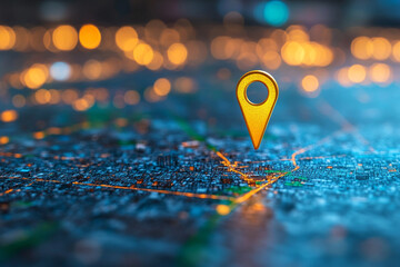 Ai generate location pin on urban map cityscape digital illustration nighttime close-up geolocation concept