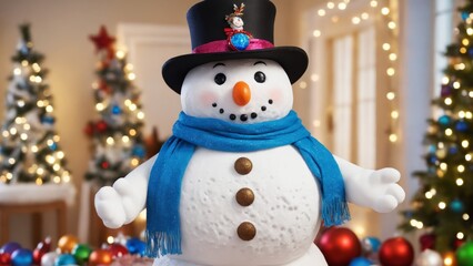 A joyful snowman greets the festive season in a beautifully decorated snow-covered yard